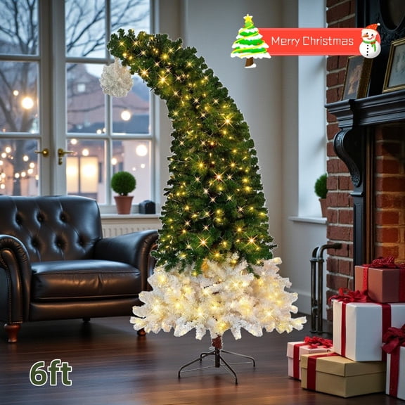 Tcbosik 6ft Pre-lit Bendable Christmas Tree with 250 Warm White Lights, Santa Hat Style Artificial Xmas Tree with 839 Branch Tips, Indoor Holiday Decoration with Metal Stand, Green & White