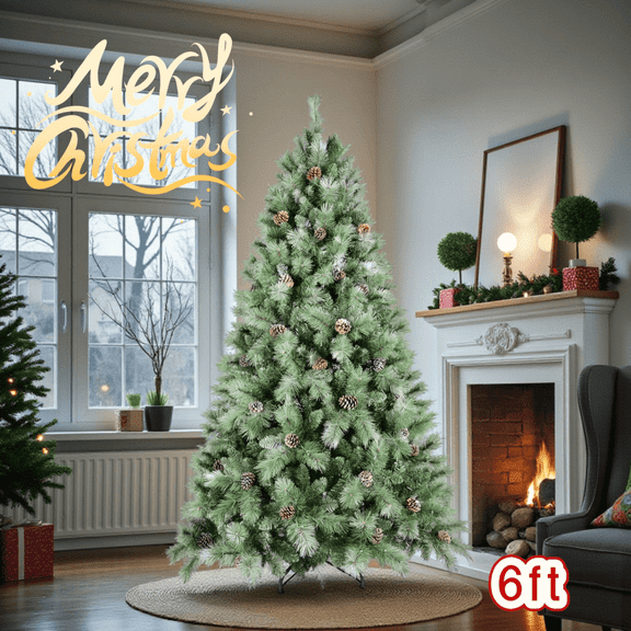 Tcbosik 6ft Unlit Artificial Christmas Tree with 66 Pine Cones, Xmas Tree with 988 Branch Tips & Metal Stand for Home Office, Green