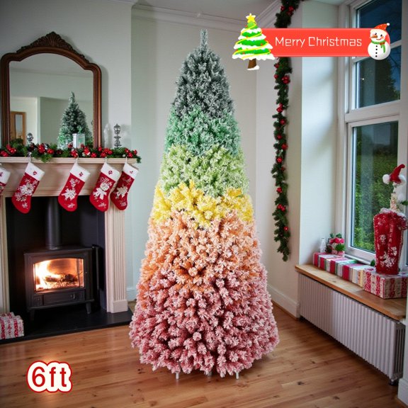 Tcbosik 6ft Unlit Flocked Christmas Tree, Rainbow Gradient Design Artificial Xmas Tree with 1326 Branch Tips for Holiday Decoration, Easy Assembly, Colorful