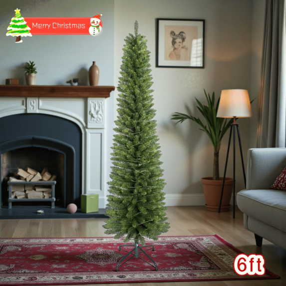 Tcbosik 6ft Unlit Slim Artificial Christmas Tree, 358 Tips, Includes Metal Stand, Green