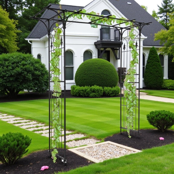 Tcbosik 7.1ft Flat-Top Wrought Iron Garden Arch, Outdoor Rustproof Powder-Coated Trellis Archway for Vines, Roses & Climbing Plants, Black