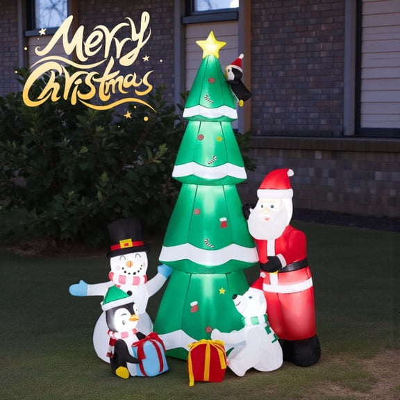 Tcbosik 7.5ft Christmas Tree Inflatables Decoration, Blow Up Xmas Tree with Santa and Snowman, Outdoor Holiday Decor for Yard, Lawn, Garden, Green