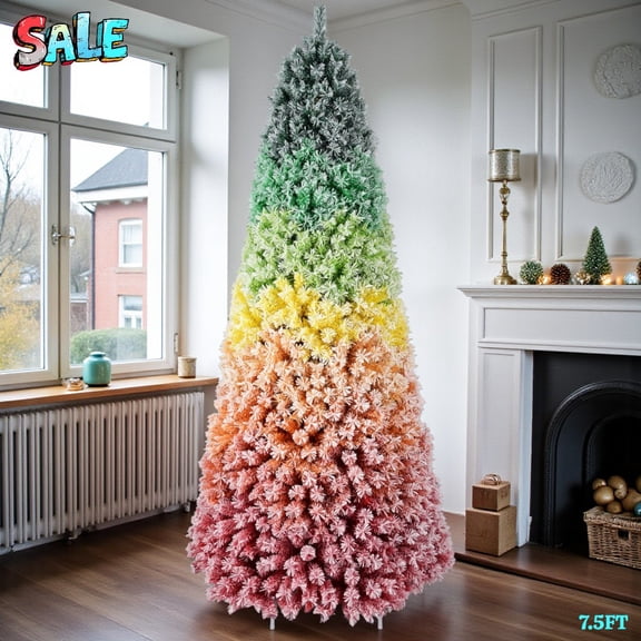 Tcbosik 7.5ft Flocked Rainbow Christmas Tree in Rainbow Gradient Color, Full Size Artificial Xmas Tree with 1927 Tips and Metal Stand, for Indoor/Outdoor Holiday Decor