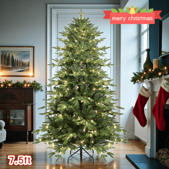 Tcbosik 7.5ft Pre-Lit Artificial Christmas Tree with 350 Warm White Lights, Easy Setup Hinged Xmas Tree with 2142 Tips & Metal Stand, Easy Assembly, Green