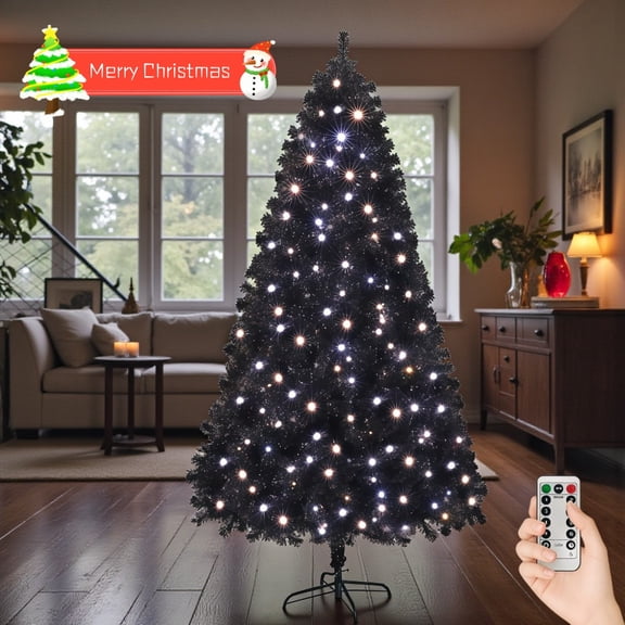 Tcbosik 7.5ft Pre-lit Artificial Hinged Christmas Tree with 400 Cold White & Warm White LED Lights, Hinged Xmas Tree with Remote Control and 1350 Branch Tips for Home Party Holiday Decoration, Black