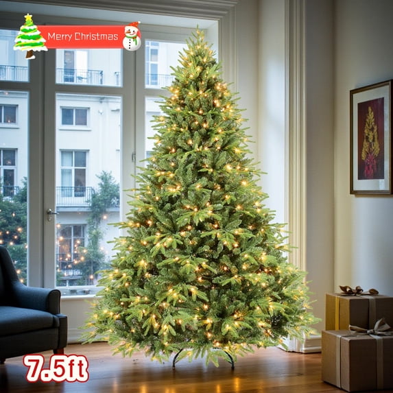 Tcbosik 7.5ft Pre-lit Artificial Hinged Christmas Tree with 650 Warm White Incandescent Lights, Holiday Xmas Tree for Home Party Decoration with 3135 Branch Tips, Green