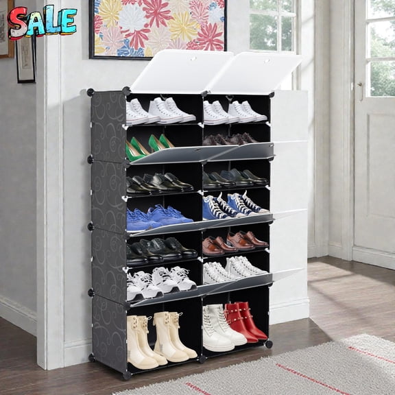 Tcbosik 7-Tier Cube Storage Organizer, 21-Compartment Plastic & Metal Modular Shelf System, Space-Saving Storage Cabinet for Shoes, Books, Clothes, DIY Custom Layout, Black