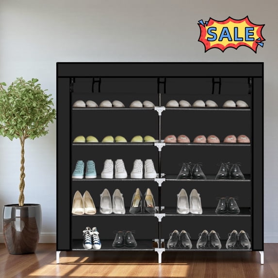 Tcbosik 7-Tier Shoe Rack with Non-Woven Fabric Cover, Portable Shoe Storage Organizer for Hallway, Entryway, Easy Assembly, Black