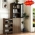 thumbnail image 1 of Tcbosik 70.8" Bookcase, Tall Book Shelf with Pull-Out Storage Shelves and 2 Glass Doors, Display Storage Cabinet for Home Office, Living Room, Walnut, 1 of 9