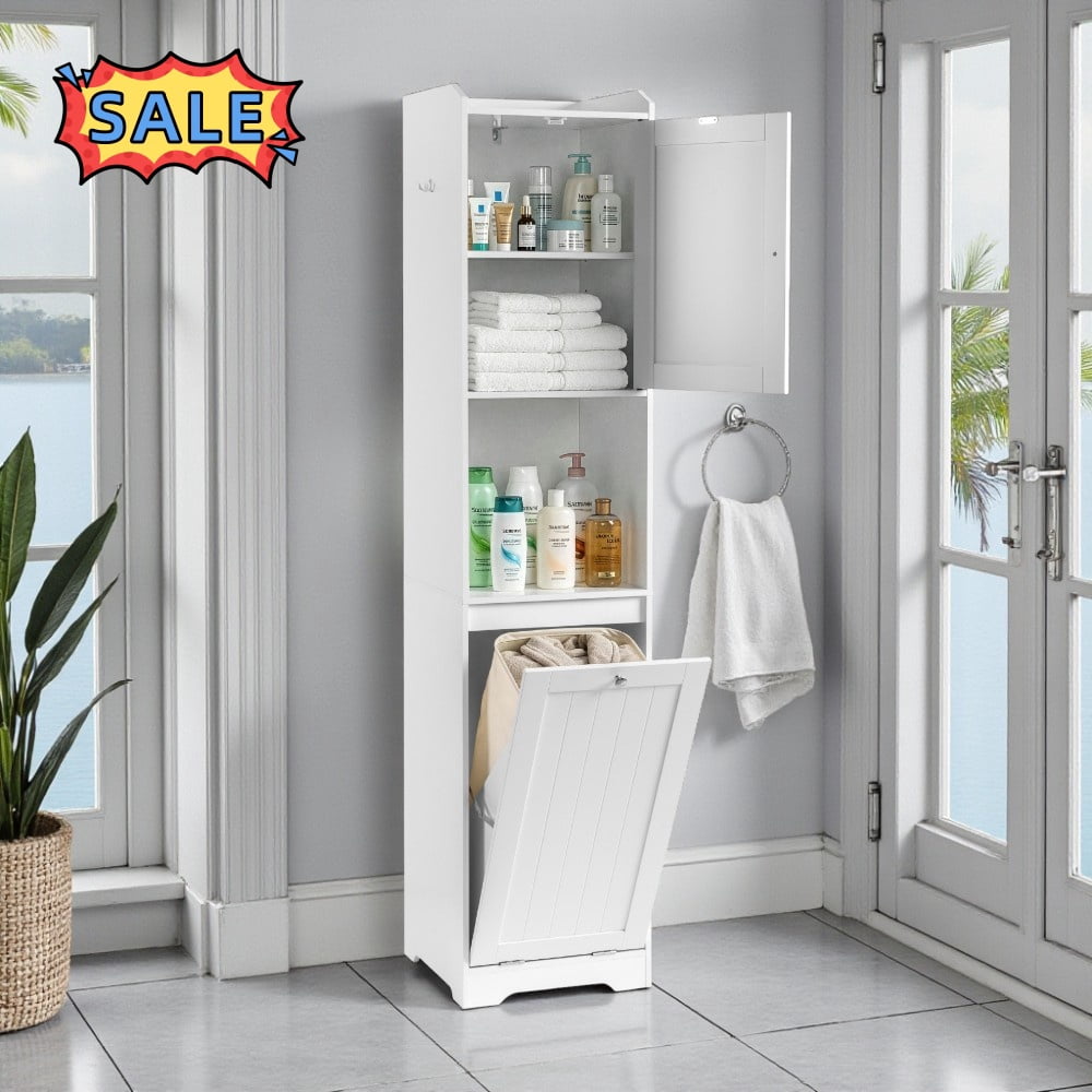 Tcbosik 70.8" Tall Tilt-Out Laundry Hamper Cabinet, Freestanding Cabinet with Door and Adjustable Shelf, Storage Cabinet for Bathroom, Kitchen, Living Room, White