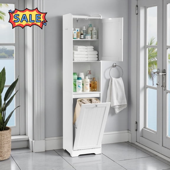 Tcbosik 70.8" Tall Tilt-Out Laundry Hamper Cabinet, Freestanding Cabinet with Door and Adjustable Shelf, Storage Cabinet for Bathroom, Kitchen, Living Room, White