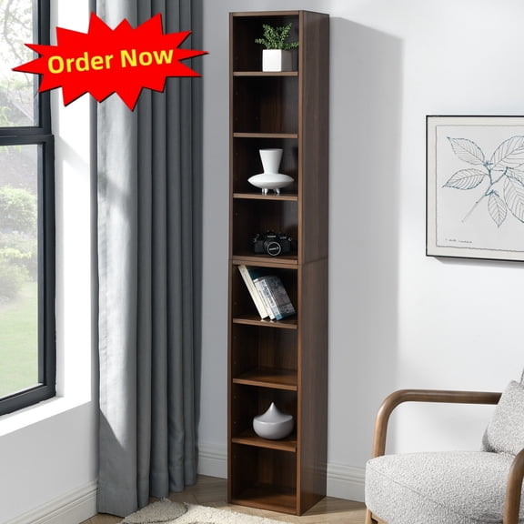 Tcbosik 70.9" Tall Bookshelf, 8-Tier Narrow Bookcase with Adjustable Shelves, Media Tower Unit, Display Rack for Living Room, Bedroom, Walnut