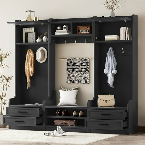 Tcbosik 70" Hall Tree with 4 Drawers, 4-in-1 Detachable Coat Rack with Shoe Bench and 7 Hanging Hooks, Multi-Functional Entryway Storage Cabinet with Open Shelves for Hallway, Living Room, Black