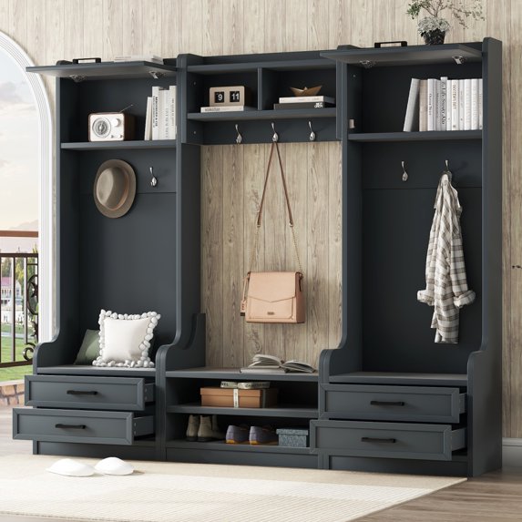 Tcbosik 70" Hall Tree with Bench, 2 Cabinets and 4 Drawers, Detachable Coat Rack with Open Shelves and 7 Hanging Hooks, Freestanding Entryway Organizer for Hallway, Antique Blue