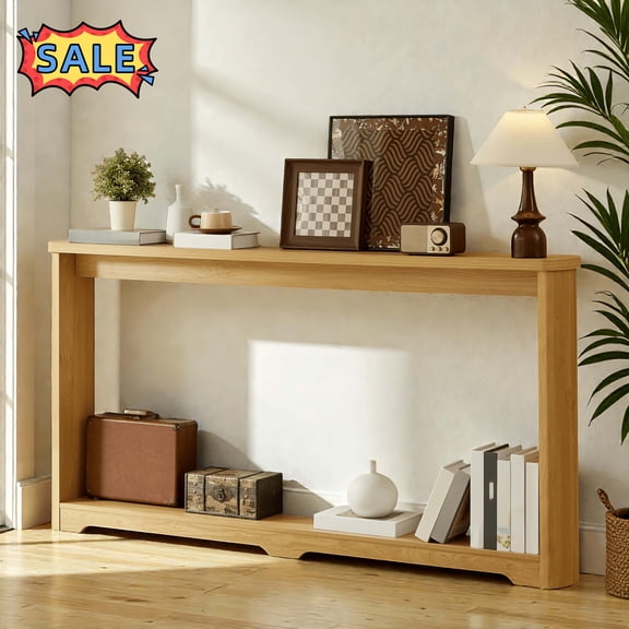 Tcbosik 70 inch Long Console Table, Narrow Sofa Table with Open Shelf, Behind Couch Table, Entryway Table for Living Room, Hallway, Space Saving, Natural