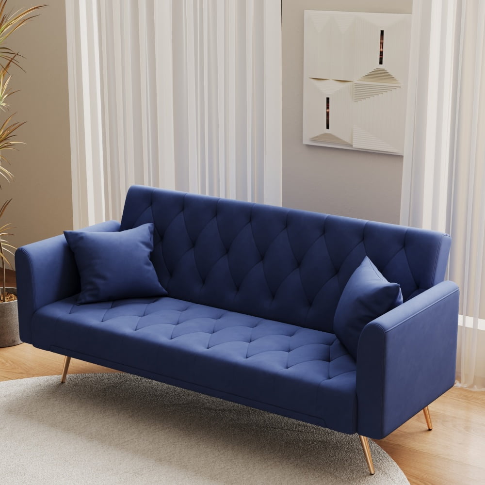 Tcbosik 71" Convertible Velvet Sofa Bed, Couch with Adjustable Backrest, Modern Loveseat Sleeper for Home Office, Living Room, Blue