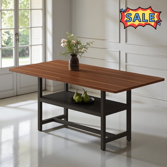 Tcbosik 71" Long Dining Table with Open Shelf, Modern Kitchen Table with Metal Frame, Easy Assembly, Walnut