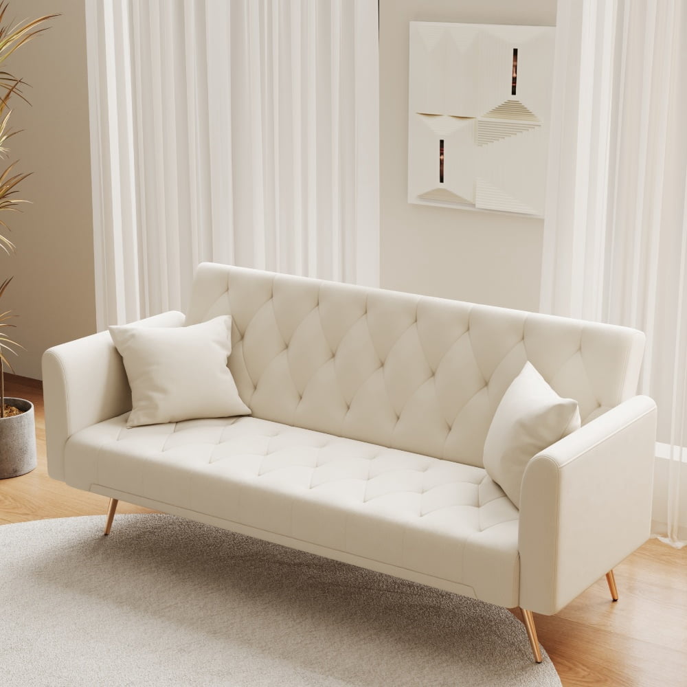 Tcbosik 71 inch Mid Century Modern Velvet Loveseat, Convertible Sofa Bed with Adjustable Back for Bedroom, Living Room, Beige