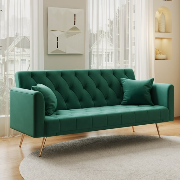 Tcbosik 71 inch Sofa Bed, Velvet Couch with Adjustable Backrest, Convertible Loveseat for Small Space, Living Room, Bedroom, Green