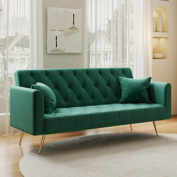 Tcbosik 71 inch Sofa Bed, Velvet Couch with Adjustable Backrest, Convertible Loveseat for Small Space, Living Room, Bedroom, Green