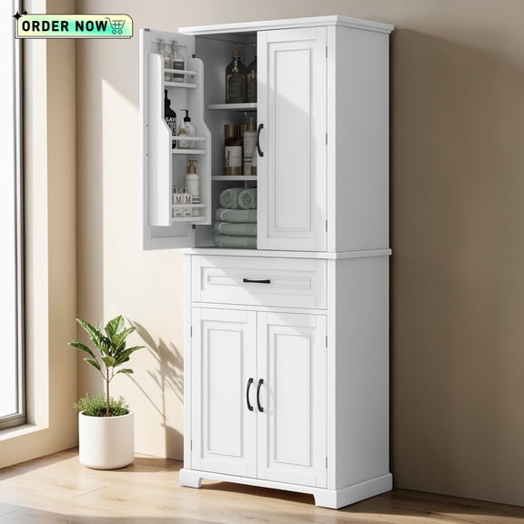 Tcbosik 72.2" Tall Bathroom Cabinet, Freestanding Storage Cabinet with Drawer and 4 Doors, Pantry Cabinet with Rack and Adjustable Shelves for Kitchen, Living Room, Dining Room, White