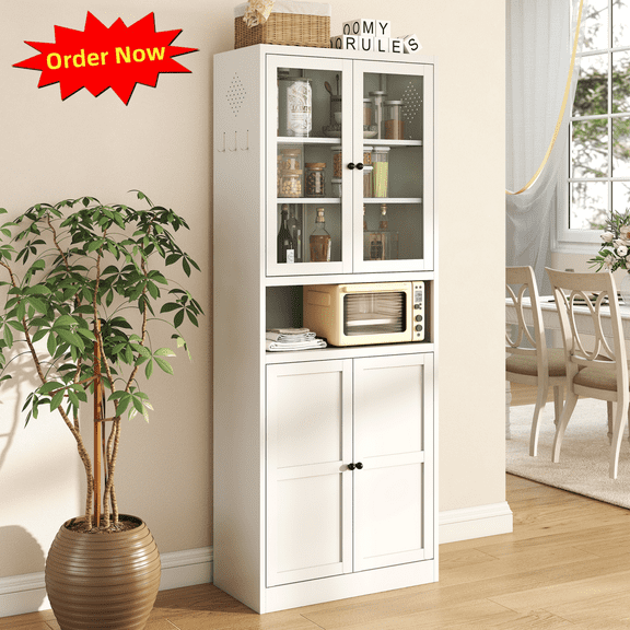 Tcbosik 72.2" Tall Pantry Cabinet with 2 Glass Doors, Metal Cabinet with Adjustable Shelves, Kitchen Storage Cabinet for Living Room, Dining Room, White