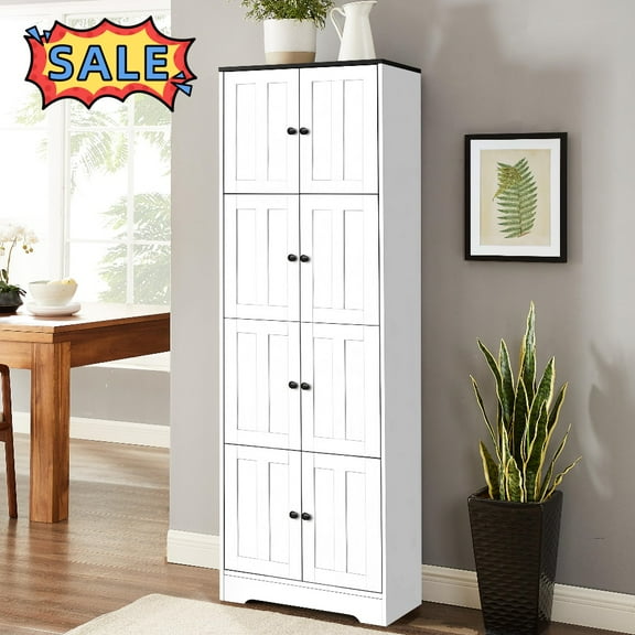 Tcbosik 72.4" Tall Storage Cabinet with 8 Doors, Farmhouse Kitchen Pantry Cabinet, Free Standing Bookcase for Home Office, Dining Room, Living Room, Bathroom, White