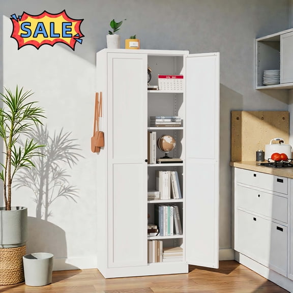 Tcbosik 72"H Kitchen Metal Cabinet with 2 Doors, Freestanding Buffet Sideboard with Adjustable Shelves, Pantry Cabinet with Side Hooks, Accent Cabinet for Living Room, Dining Room, Garage, White