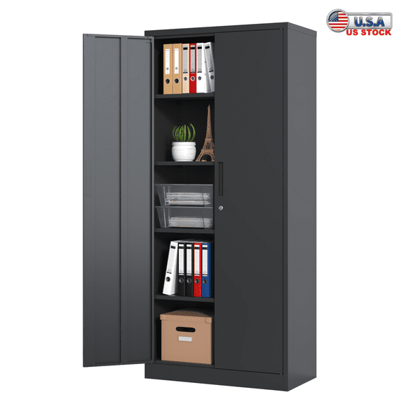 Tcbosik 72"H Metal Storage Cabinet with 2 Doors, Lockable Tool Cabinet with 4 Adjustable Shelves, Tall File Cabinet for Home Office, Black