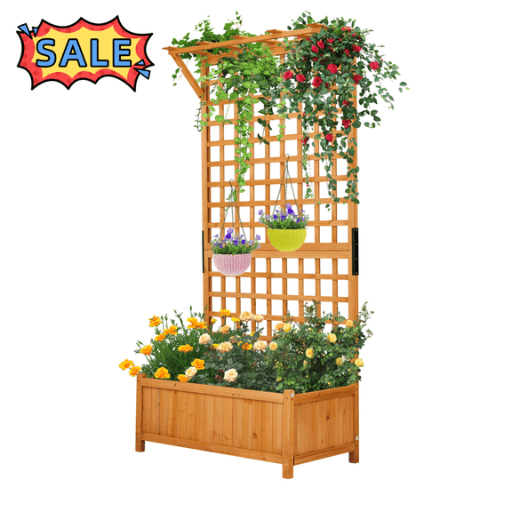 Tcbosik 72"H Raised Garden Bed with Trellis, Planter Box for Indoor Outdoor, Plant Container for Climbing Plants, Flowers, Vegetables, Fruits, Wood Color