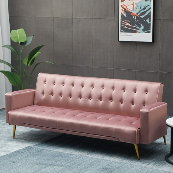 Tcbosik 75 inch Futon Sofa Bed, Modern Upholstered Couch Sleeper with Adjustable Back for Small Space, Rose