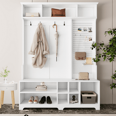 Tcbosik 77"H Hall Tree with Bench & Shoe Storage, Coat Rack with Open Shelves, Hutch and Pegboard for Hallway Entryway Mudroom, Space Saving, White