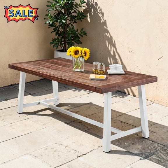 Tcbosik 79 Inch Outdoor Dining Table for 4-6 Person, Rectangular Patio Table with Metal Frame for Lawn, Garden, Deck, Backyard, Dark Brown & White