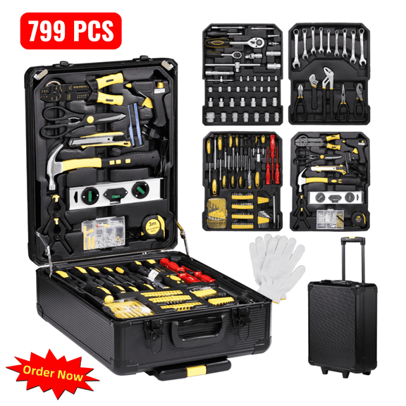 Tcbosik 799pcs Aluminum Repair Tool Set, Household Trolley Case Hand Tool Set, Black & Yellow