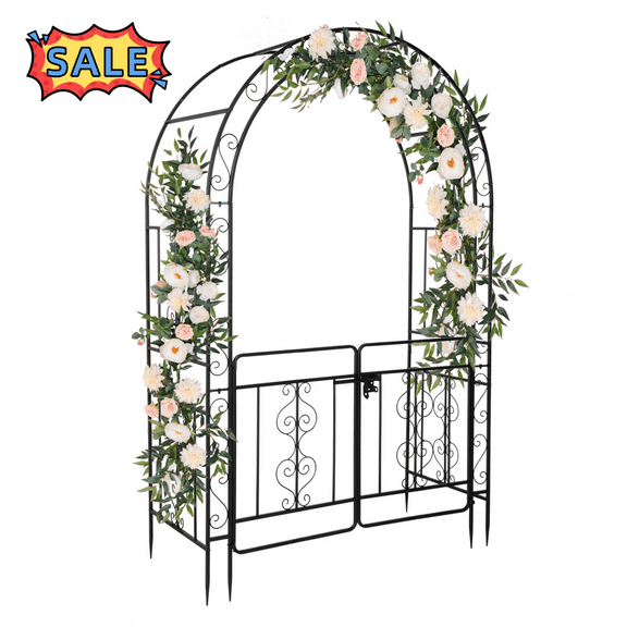 Tcbosik 7ft Arch Arbor with Entry Door, Heavy Duty Metal Arbour Archway, Decorative Frame Stand Trellis with Ground Stakes for Wedding Ceremony Party Lawn, Black