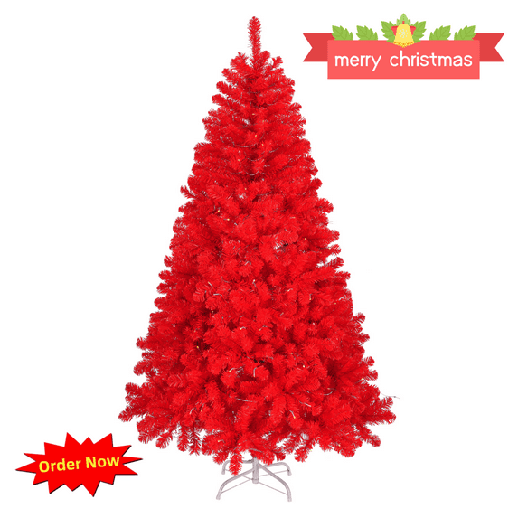 Tcbosik 7ft Artificial Christmas Tree, Unlit Xmas Pine Tree with 1100 Branch Tips and Metal Stand for Indoor Party Decoration, Red