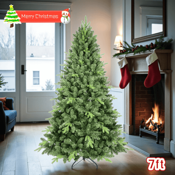 Tcbosik 7ft Artificial Christmas Tree with 1875 PE&PVC Branch Tips, Unlit Hinged Xmas Tree, Includes Metal Stand, Green