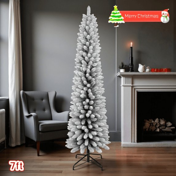 Tcbosik 7ft Artificial Snow Flocked Christmas Tree with 469 Tips, Unlit Slim Xmas Tree for Small Space, Includes Metal Stand, Green & White