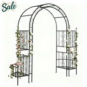 Tcbosik 7ft Iron Garden Arbor with Built-in Planter, Outdoor Patio Arch Trellis with Side Flower Box for Climbing Roses & Vines, Black