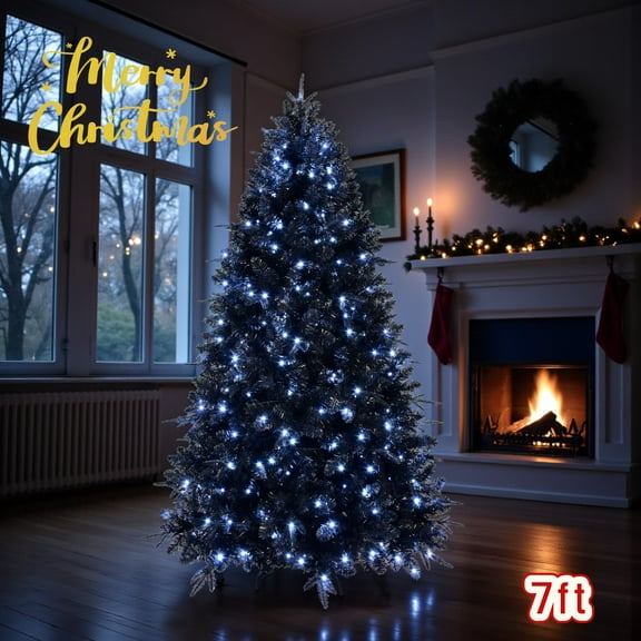 Tcbosik 7ft Pre-Lit Artificial Christmas Tree with 450 White LED Lights & 1916 Branch Tips, Hinged Halloween Tree with Metal Stand, Includes Stand, Black