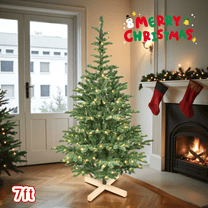 Tcbosik 7ft Pre-Lit Artificial Christmas Tree with Warm White LED Lights, Xmas Tree with 941 PE PVC Tips & Wood Base for Home Office Decor, Green