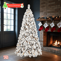 Tcbosik 7ft Pre-lit Snow Flocked Christmas Tree with 450 Warm White Lights, Artificial Hinged Xmas Tree with 1060 Branch Tips & Metal Stand for Indoor Holiday Decoration, Green & White