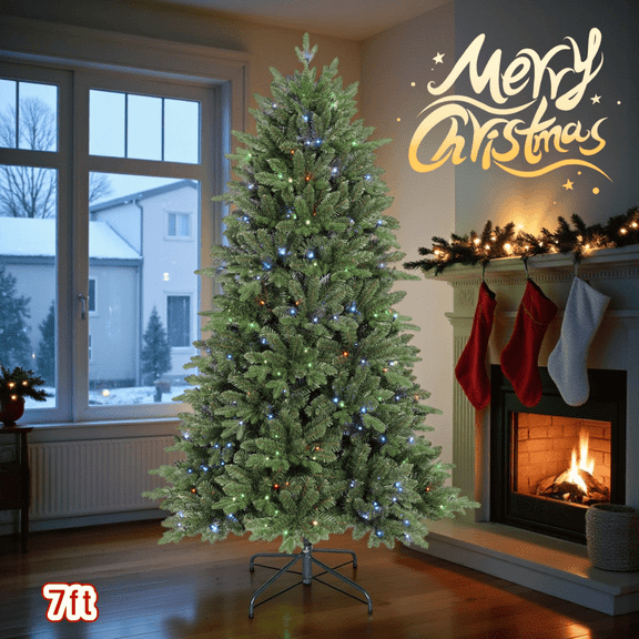 Tcbosik 7ft Prelit Artificial Xmas Tree with 340 RGB LED Lights & 50 Lighting Functions, Xmas Tree with 2126 Branch Tips, Indoor Holiday Decoration with Easy Power Setup, Green