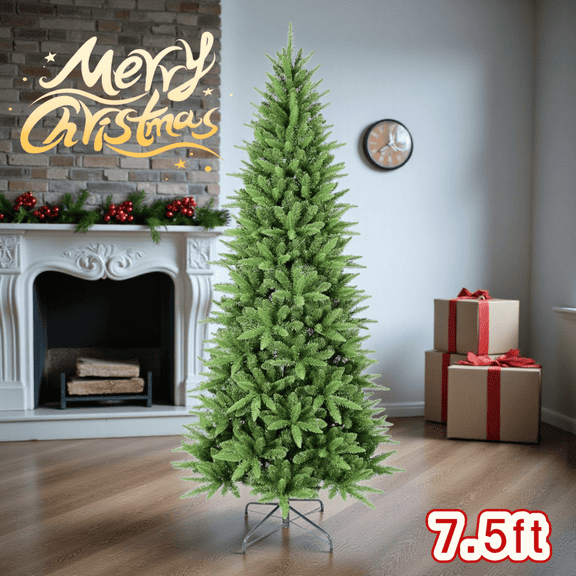 Tcbosik 7ft Slim Christmas Tree, Unlit Artificial Xmas Tree with 1396 Branch Tips & Metal Stand for Indoor Holiday Decoration, Green