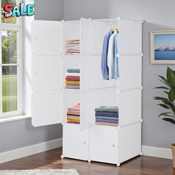 Tcbosik 8-Cube Organizer with Hanging Rod, Plastic Modular Closet Storage Cabinet with Steel Frame, DIY Stackable Wardrobe Shelf for Home & Office, White