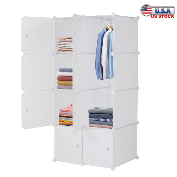 Tcbosik 8 Cube Storage Organizer with Hanging Rod, Stackable Closet with Doors and Metal Frame for Bedroom, White