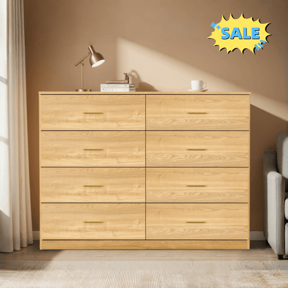 Tcbosik 8 Drawer Dresser for Bedroom, Chest of Drawers, 47.2" Modern Storage Cabinet for Living Room, Hallway, Entryway, Natural