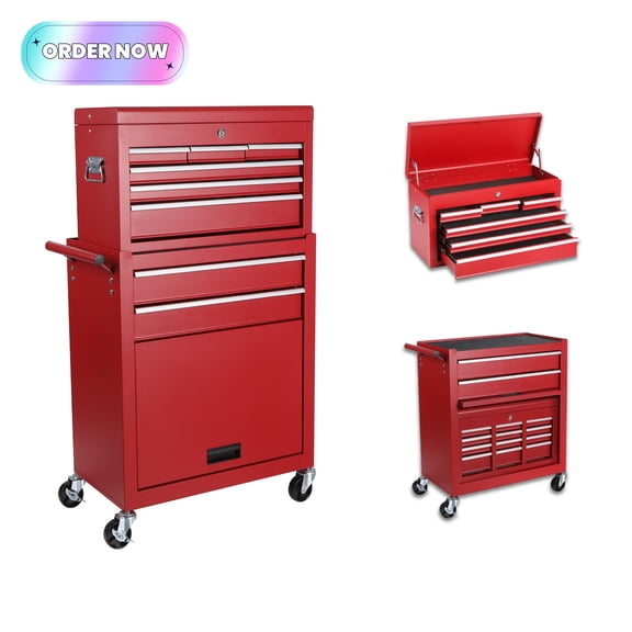 Tcbosik 8-Drawer Rolling Tool Chest with Lockable Wheels, Metal Tool Cabinet with Detachable Top, Tool Organizer with Lock for Repair Room, Warehouse, Garage, Red