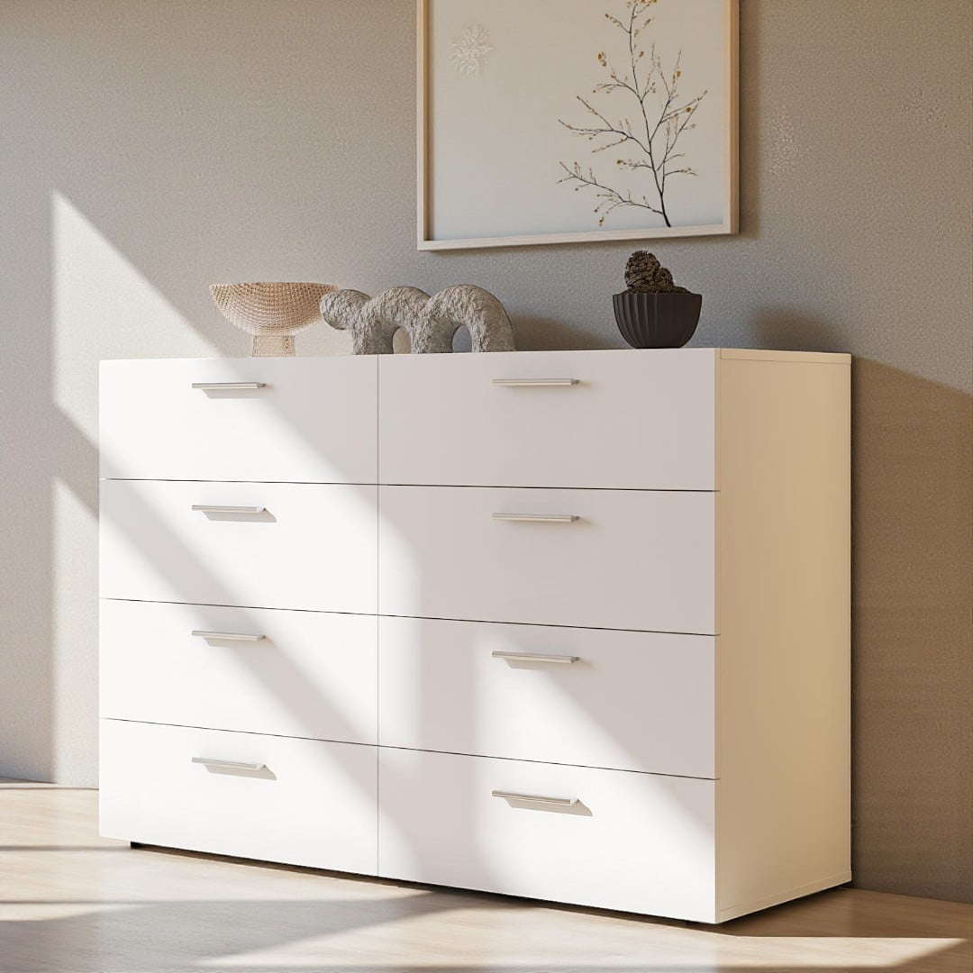 Tcbosik 8-Drawer Wide Dresser, Modern White Storage Chest with Large Drawers, Easy Assembly for Bedroom & Living Room, 47.24"L x 15.75"W x 32.28"H
