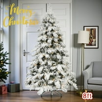 Tcbosik 8 Foot Pre-Lit Flocked Artificial Christmas Tree with 470 Warm White LED Lights, Xmas Holiday Tree with 1242 Branch Tips & Plastic Stand for Home Office Party, Green White